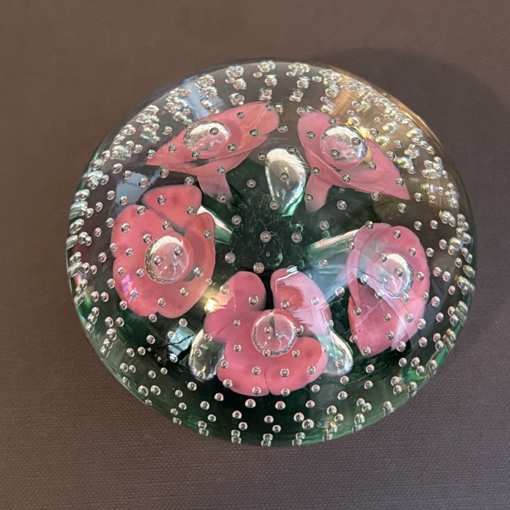 Joe St Clair Art Glass Pink Trumpet Flowers Bullicante Paperweight